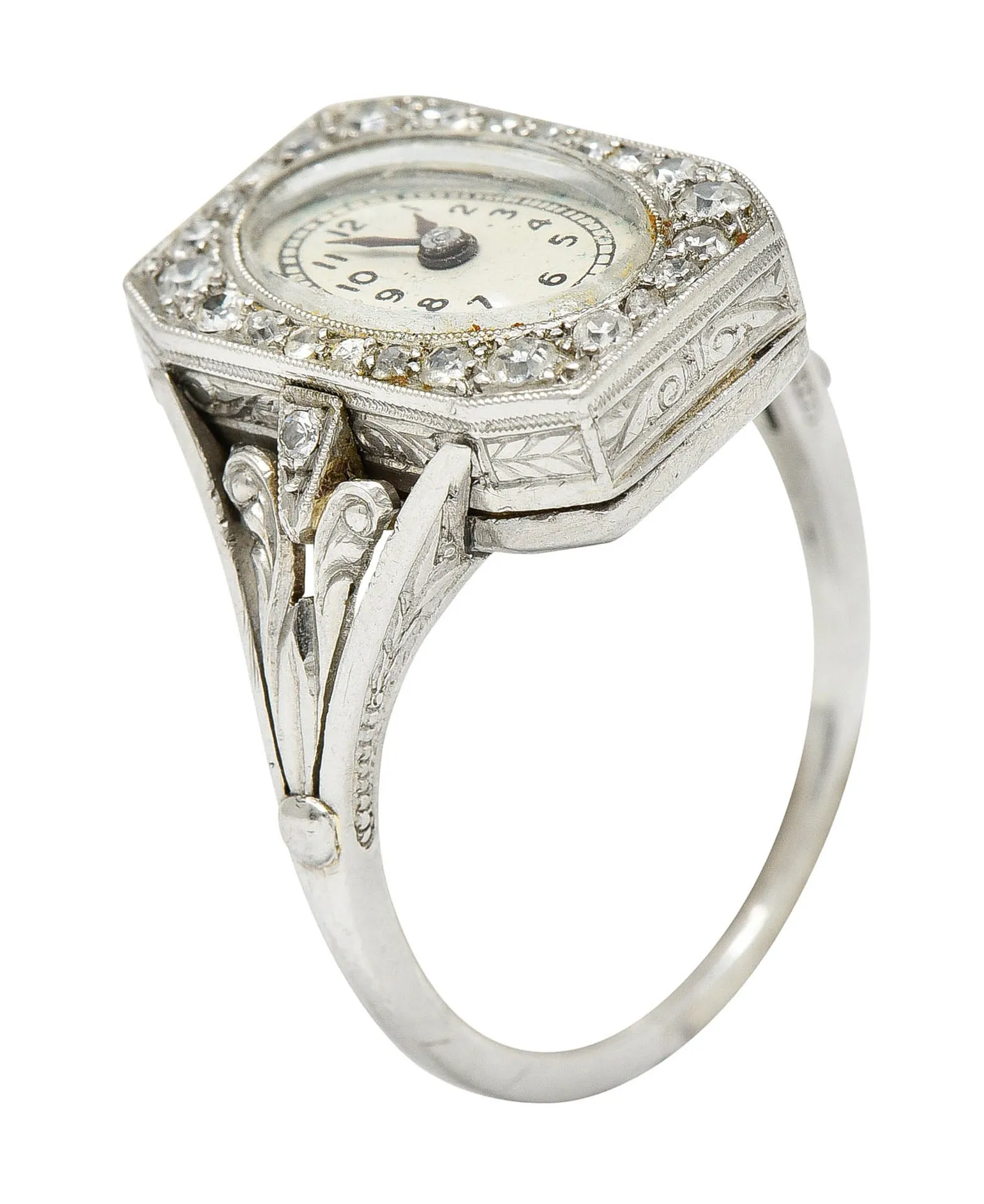 French 1930's Art Deco Diamond Platinum Watch Ring