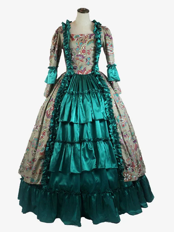 Green  Retro Tudor Dress Costumes  Ruffles Polyester Floral Print Dress Women's Marie Antoinette Costume Retro Tunic Party Prom 