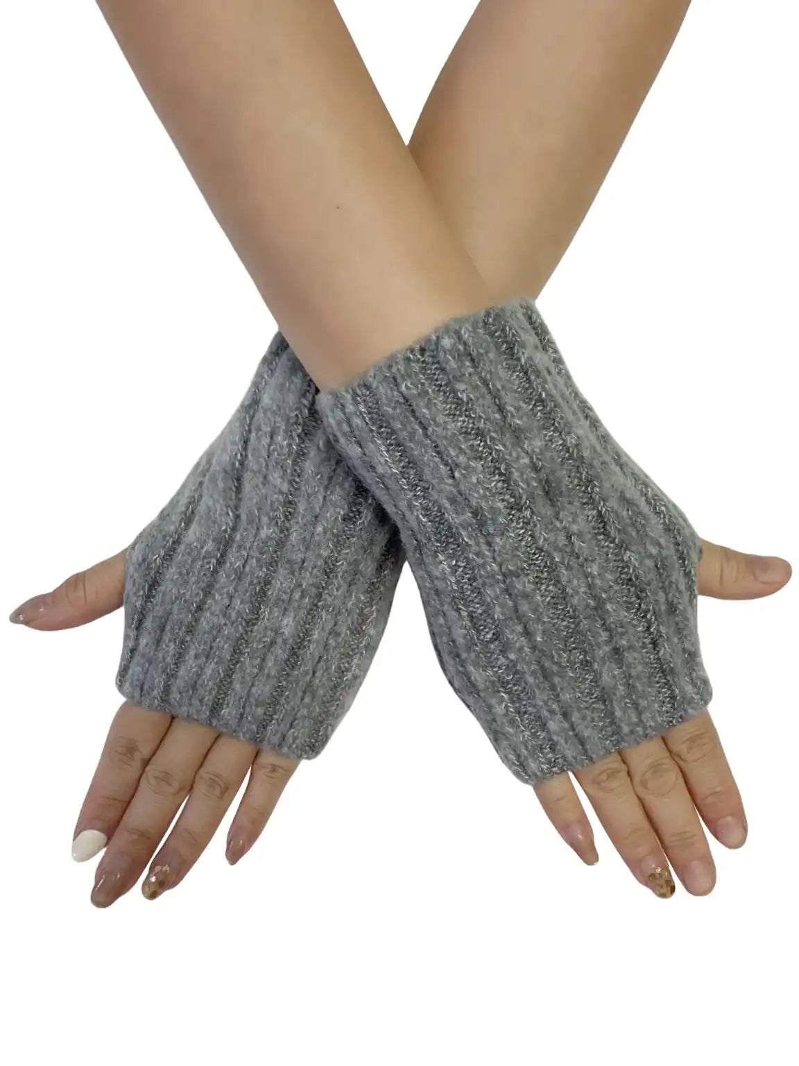 Grey Ribbed Knit Fingerless Gloves