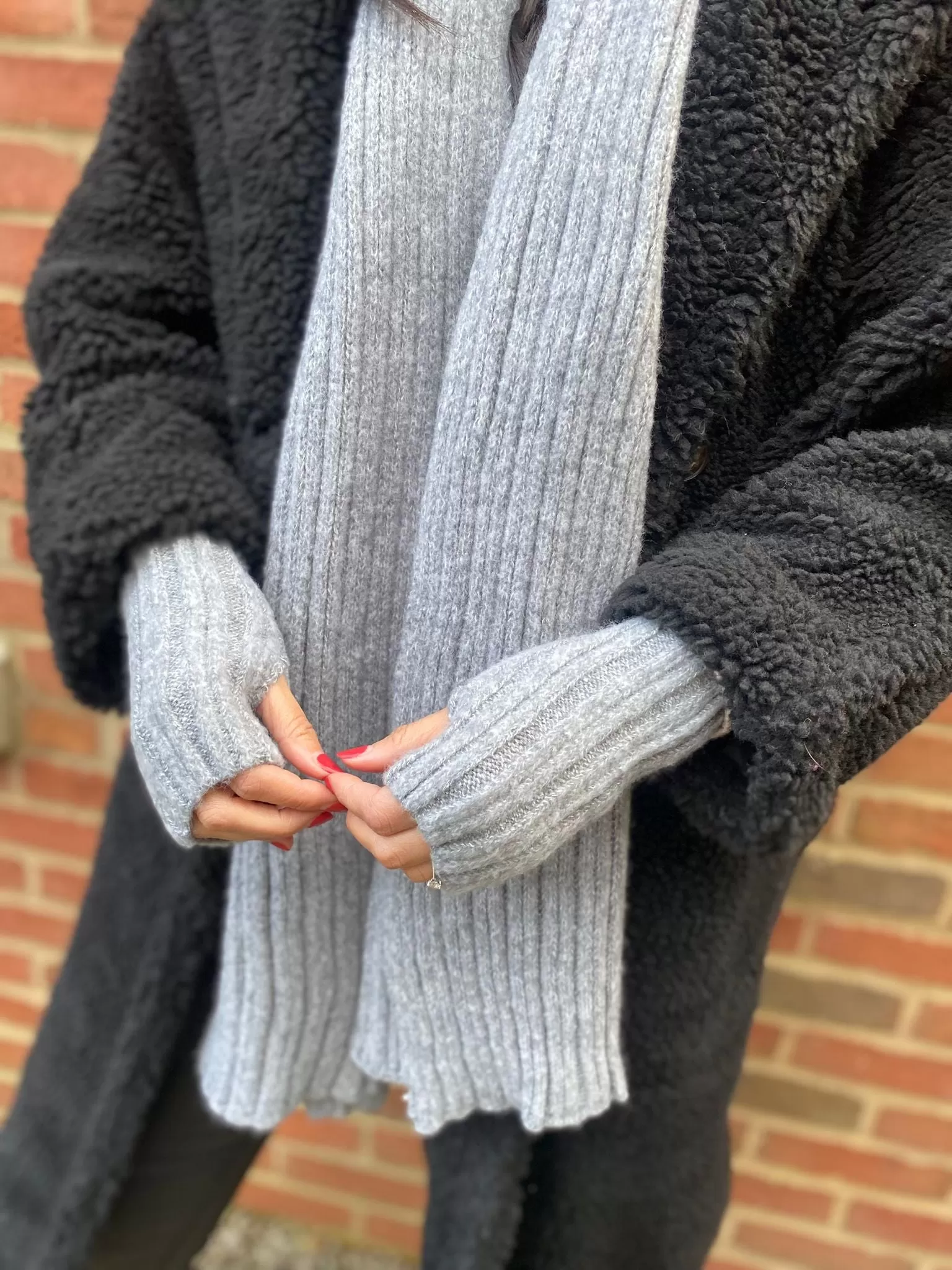 Grey Ribbed Knit Fingerless Gloves