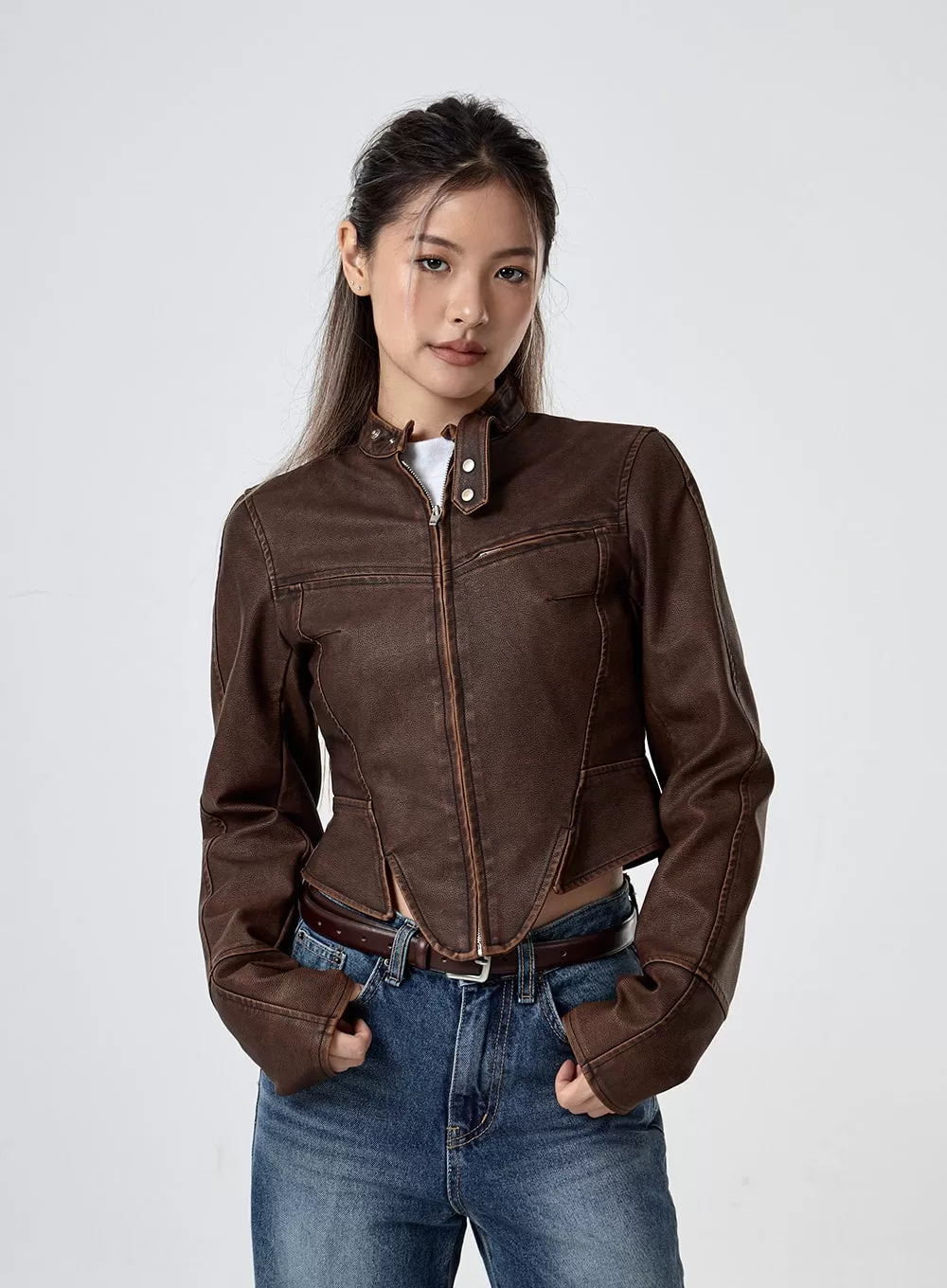 Hem Detail Faux Leather Jacket CG29