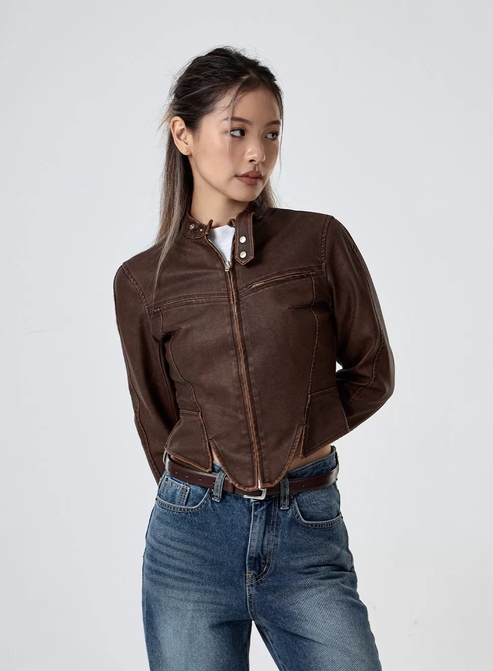 Hem Detail Faux Leather Jacket CG29