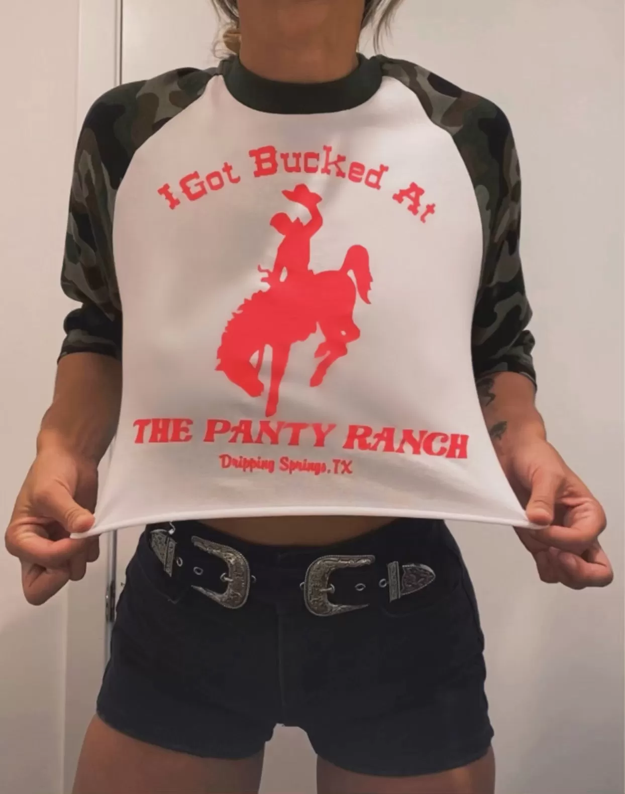 'I Got Bucked At The Panty Ranch' Camo Tee