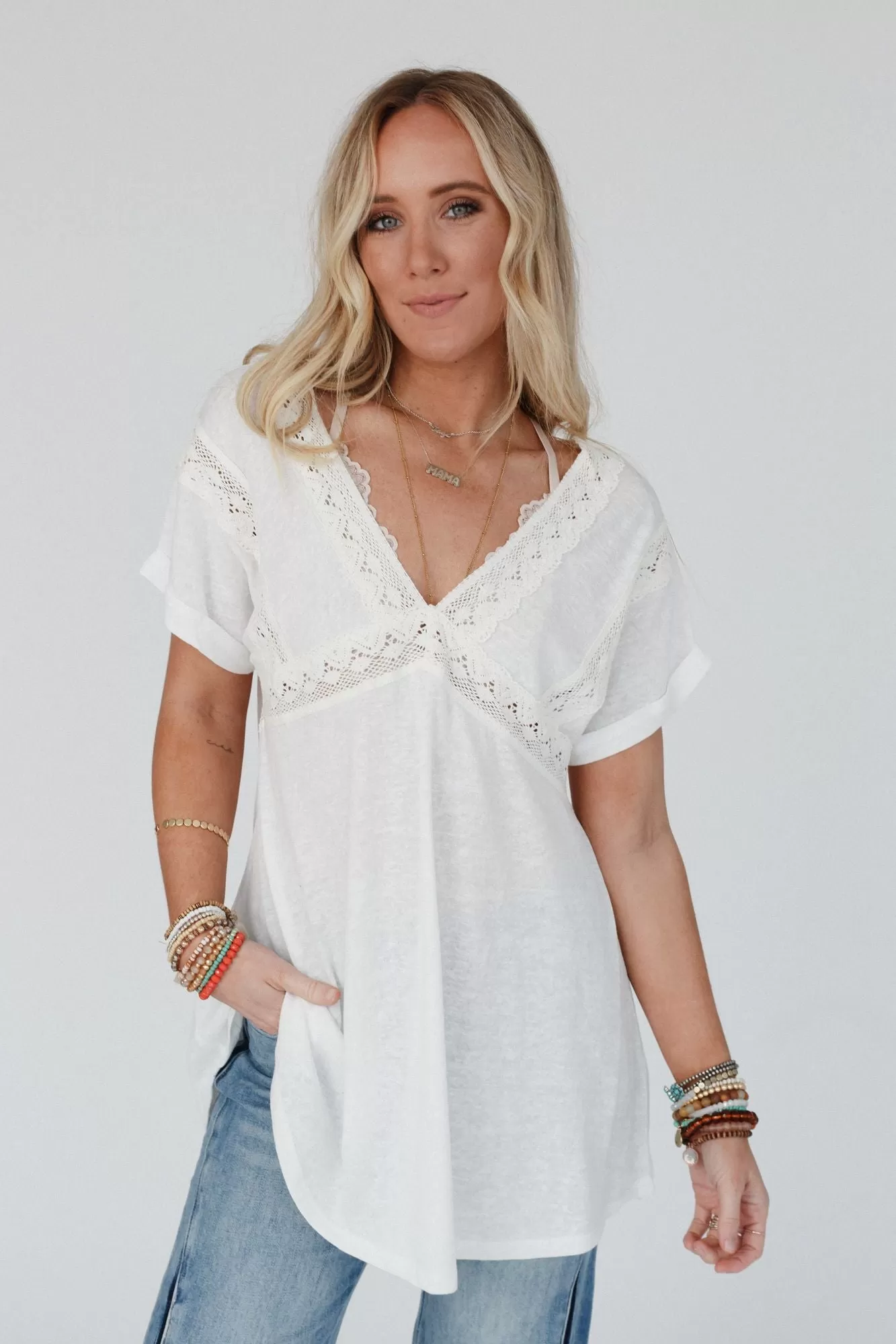 Kari Lace Detail Tunic Top - White