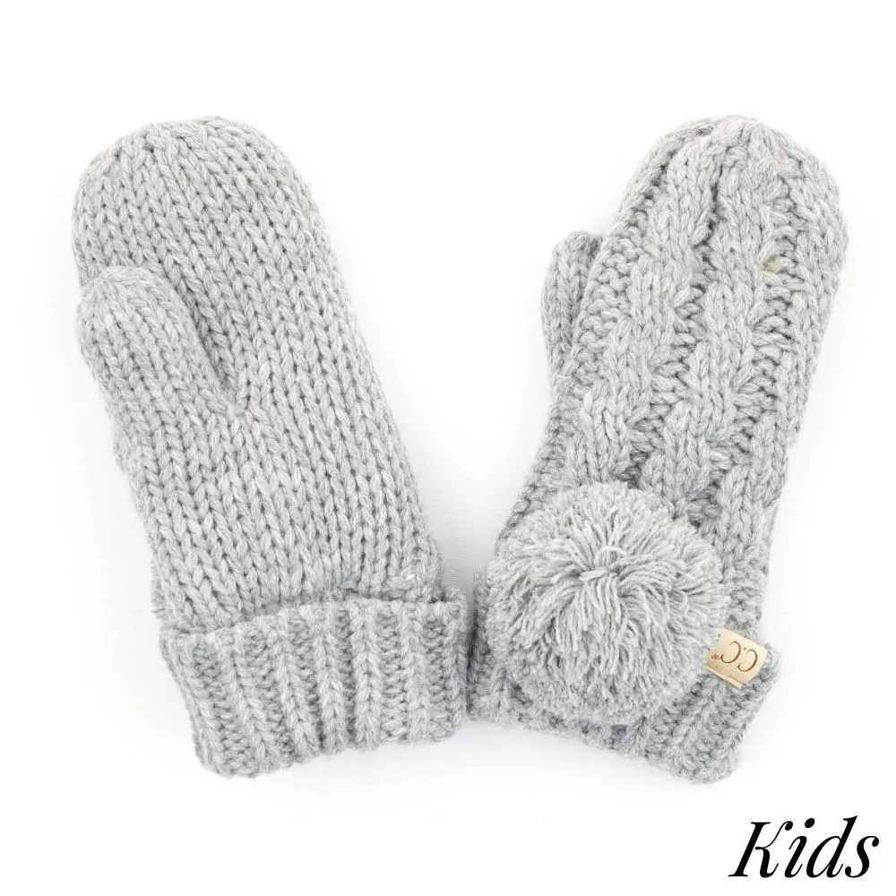 Kid's C.C Cable Knit Pom Mitten- Light Melange Grey