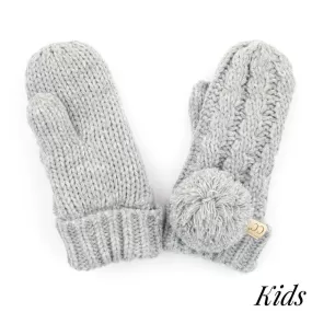 Kid's C.C Cable Knit Pom Mitten- Light Melange Grey