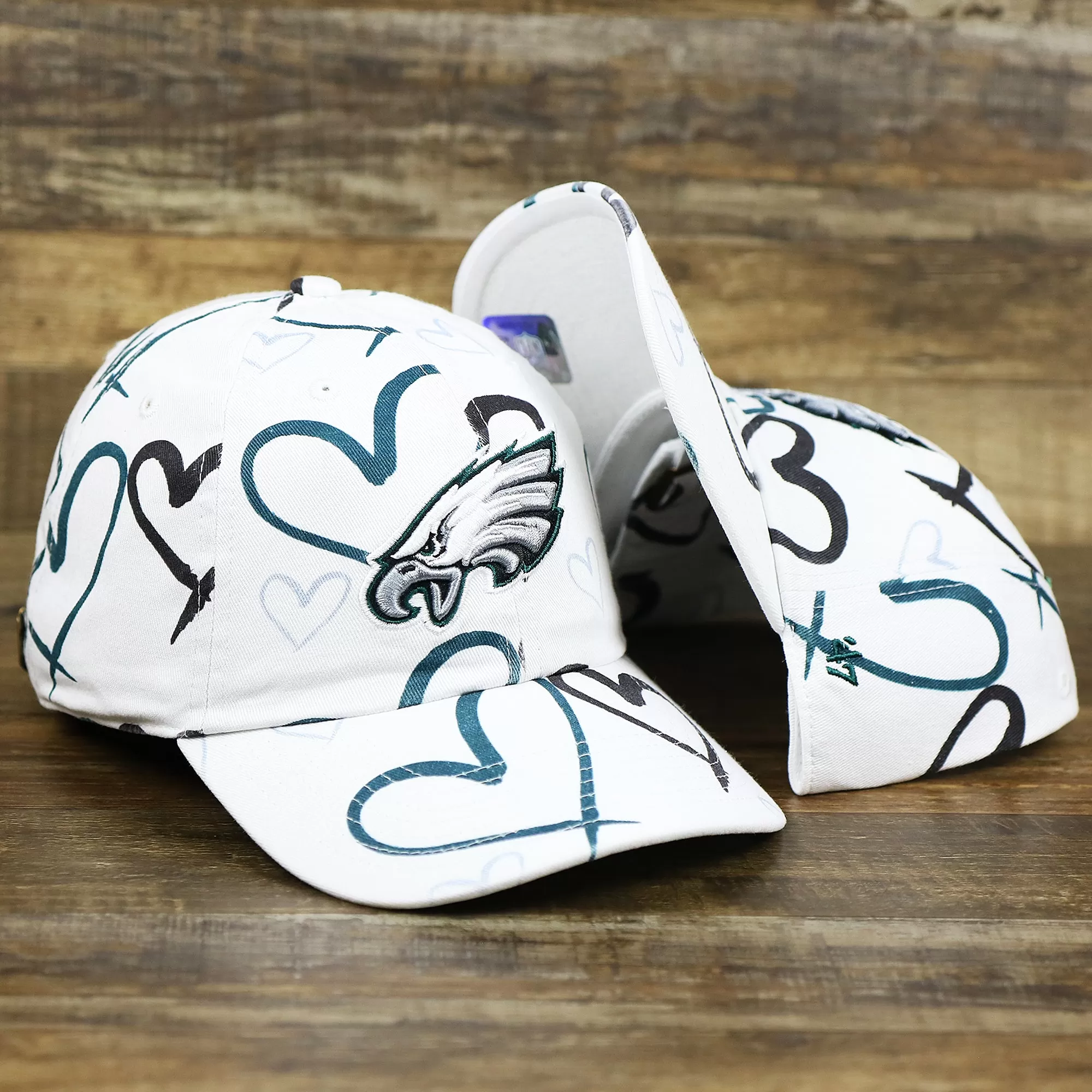 Kids Philadelphia Eagles Hearts All Over Print Dad Hat | White Kid’s Dad Hat