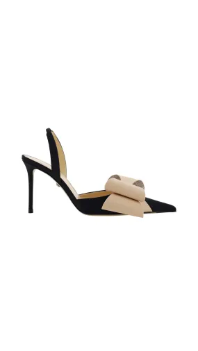 Le Cadeau Satin Slingback with Bow - Black/Beige