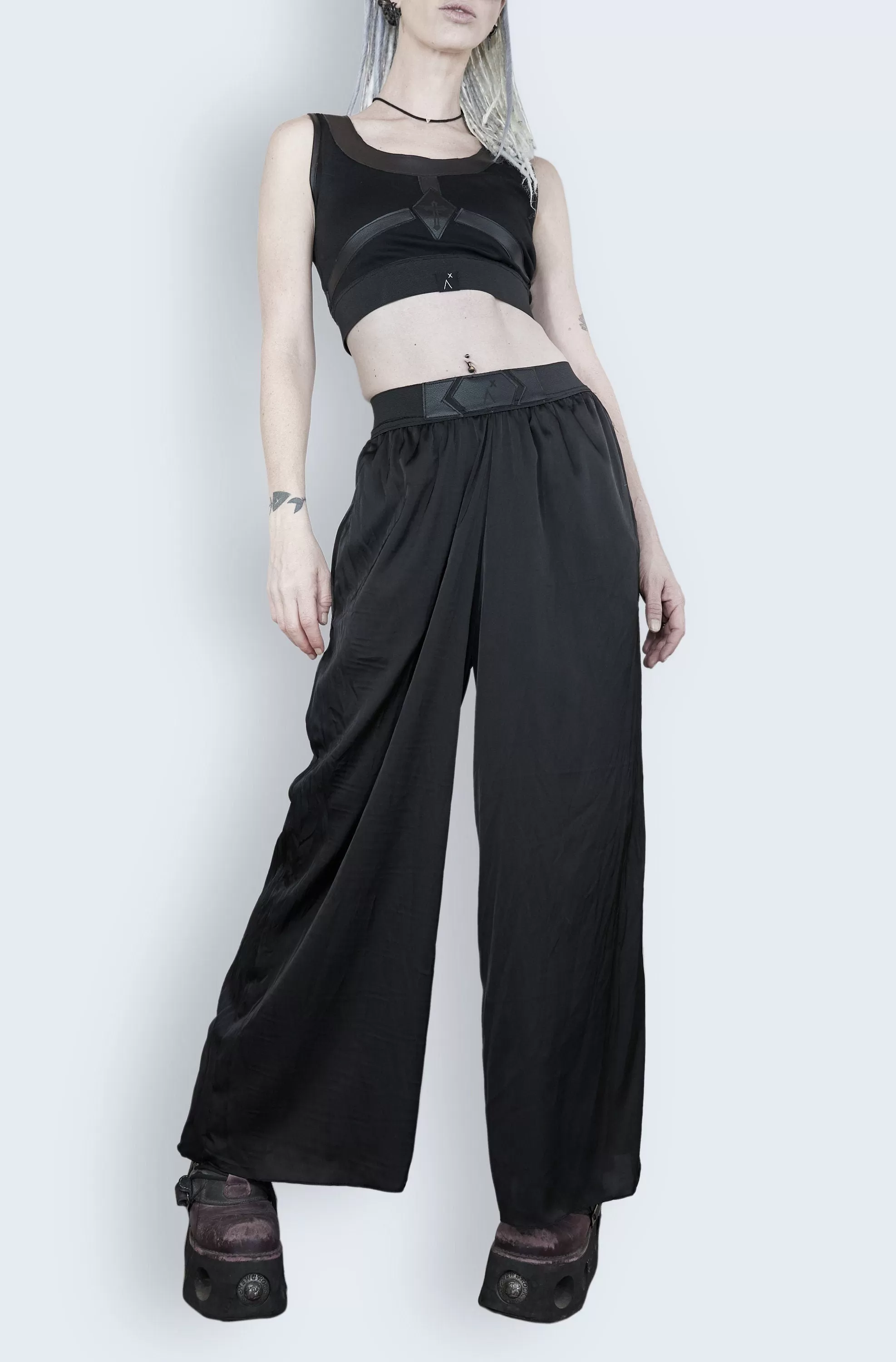 Leather laser engraved Black satin palazzo pants