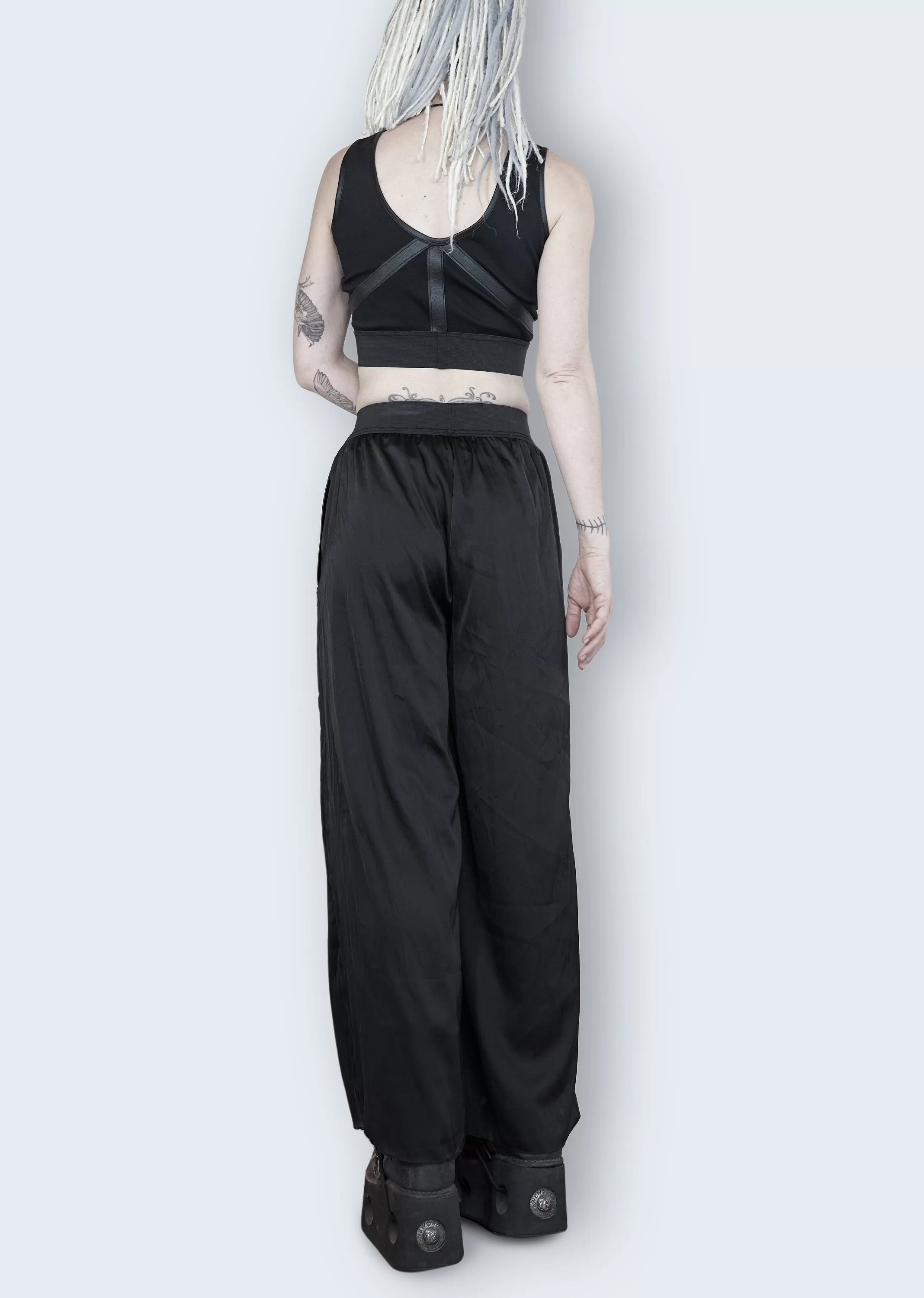 Leather laser engraved Black satin palazzo pants