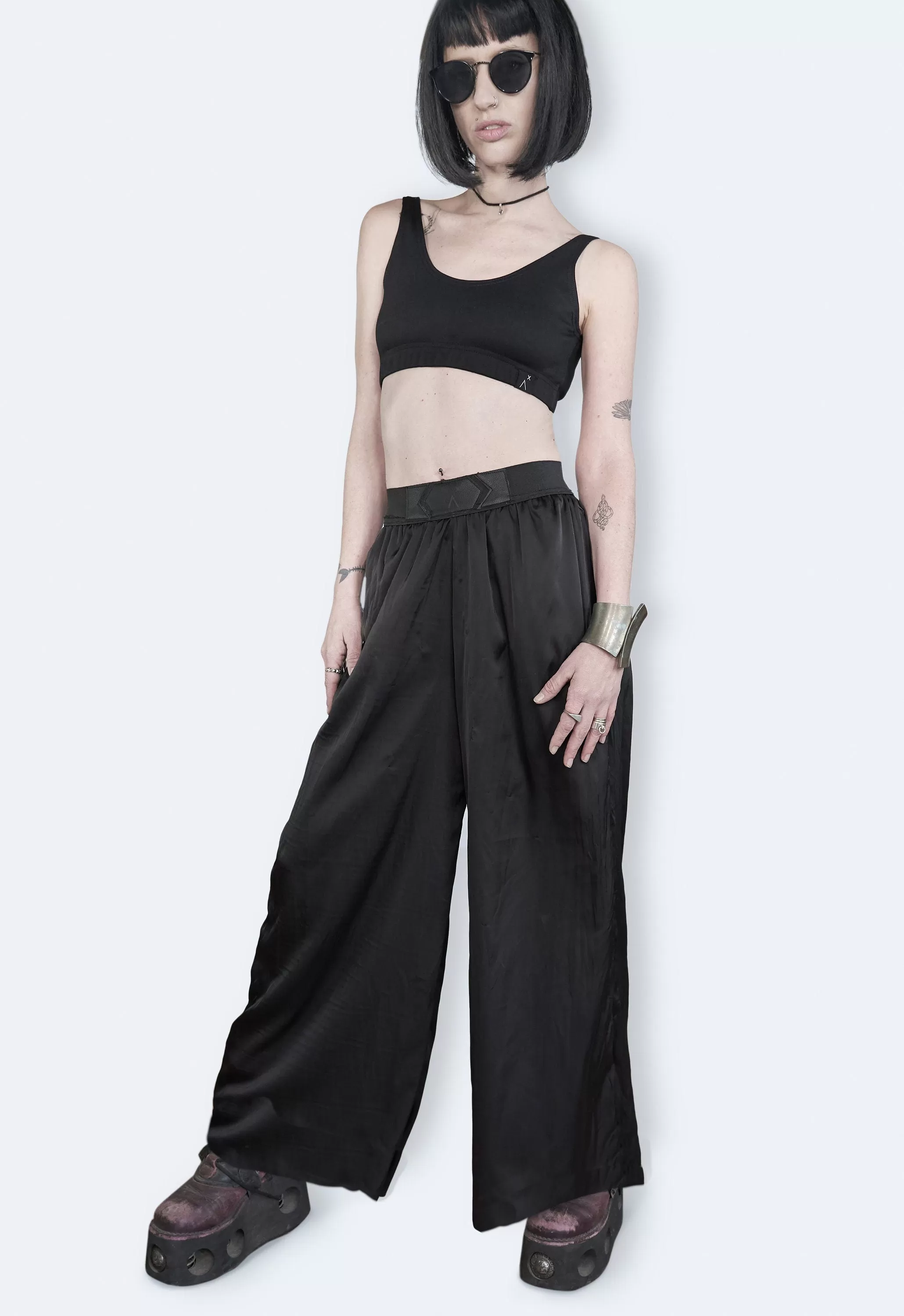 Leather laser engraved Black satin palazzo pants