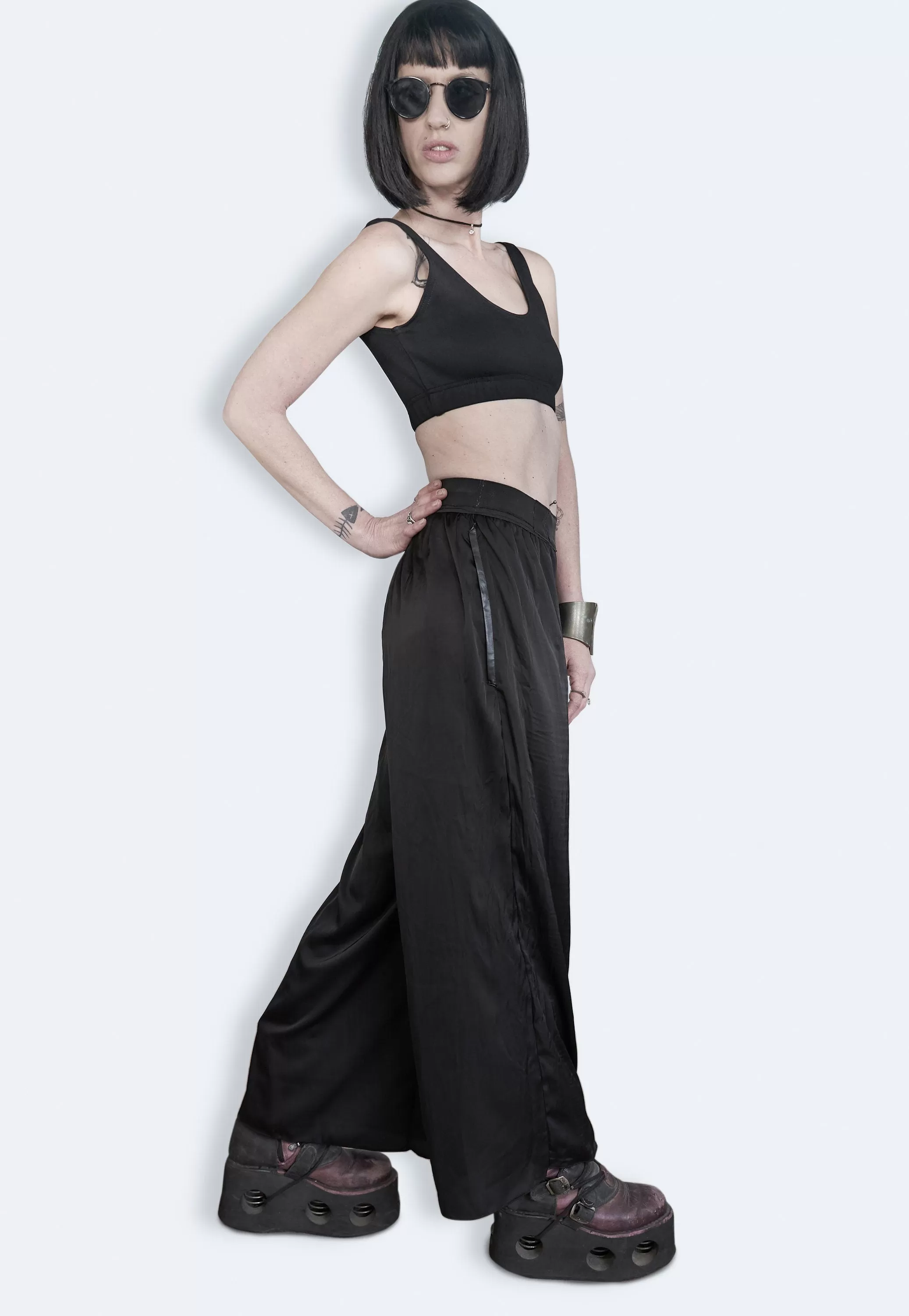 Leather laser engraved Black satin palazzo pants