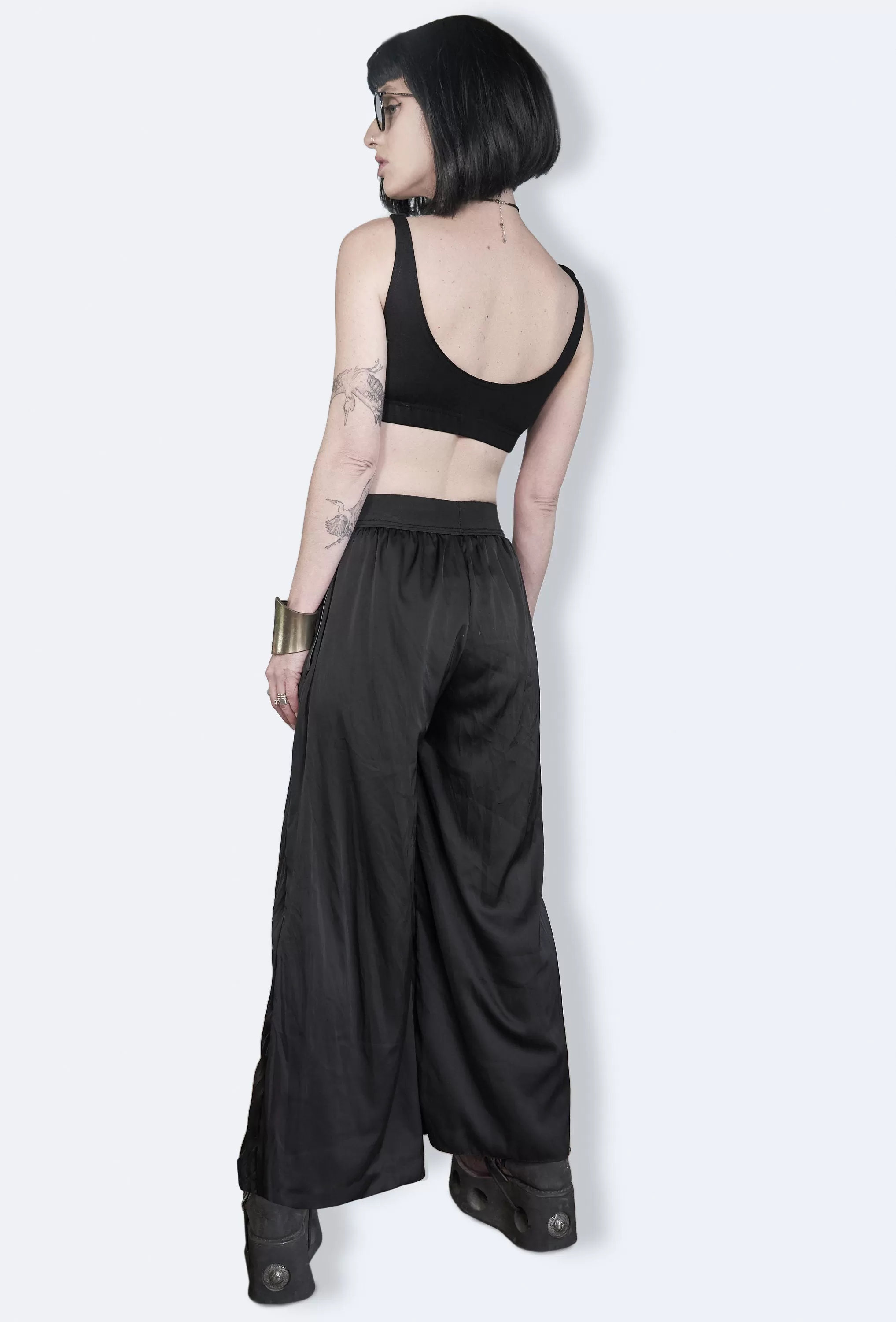 Leather laser engraved Black satin palazzo pants