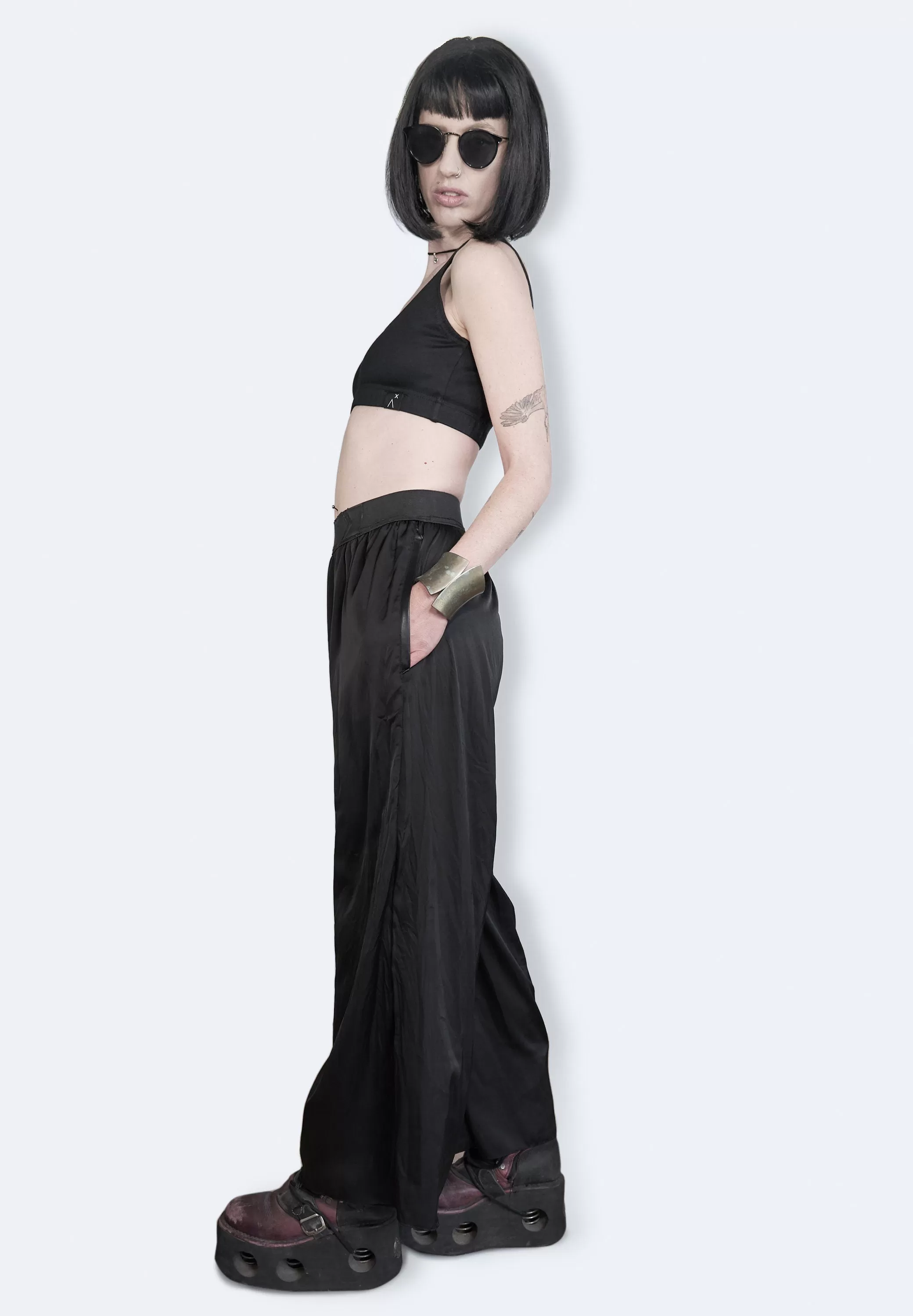 Leather laser engraved Black satin palazzo pants