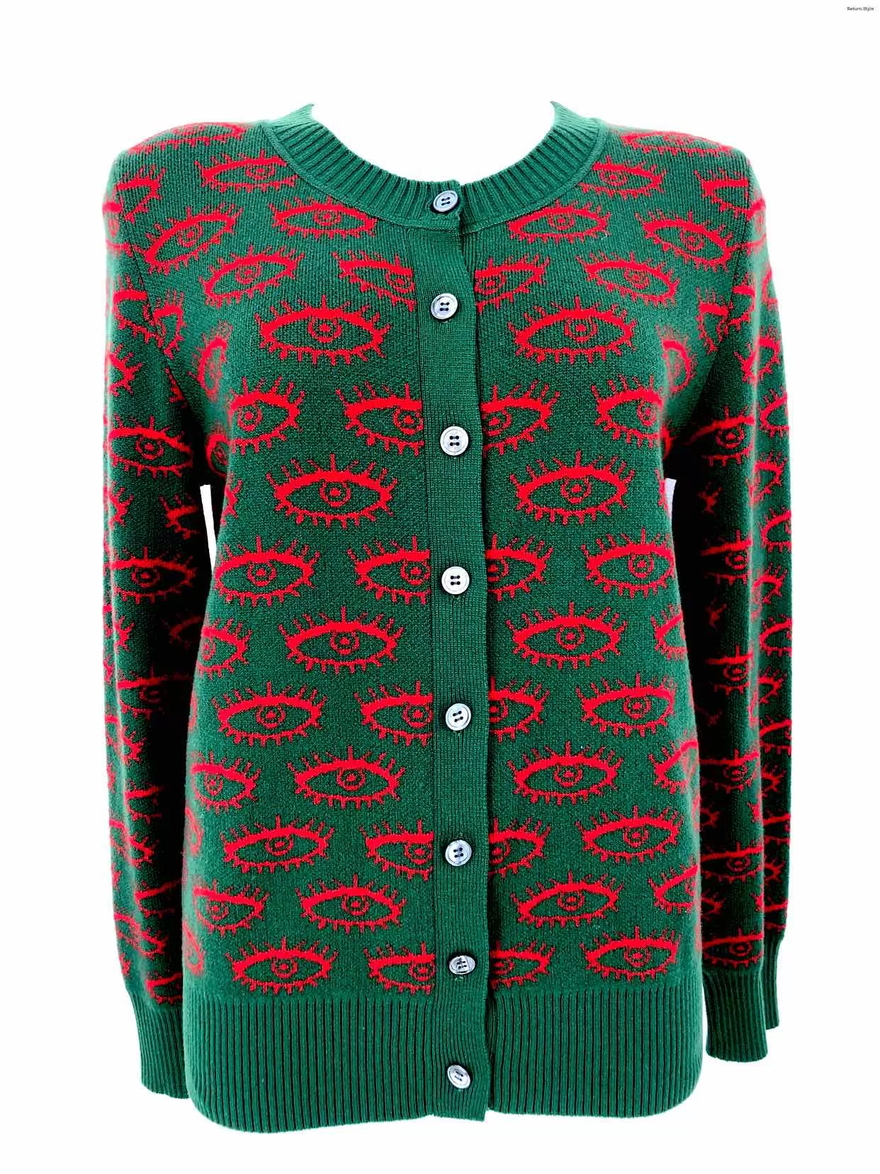 LIBERTINE Green Red Cashmere Made in Los Angeles Eye Print Cardigan Sweater