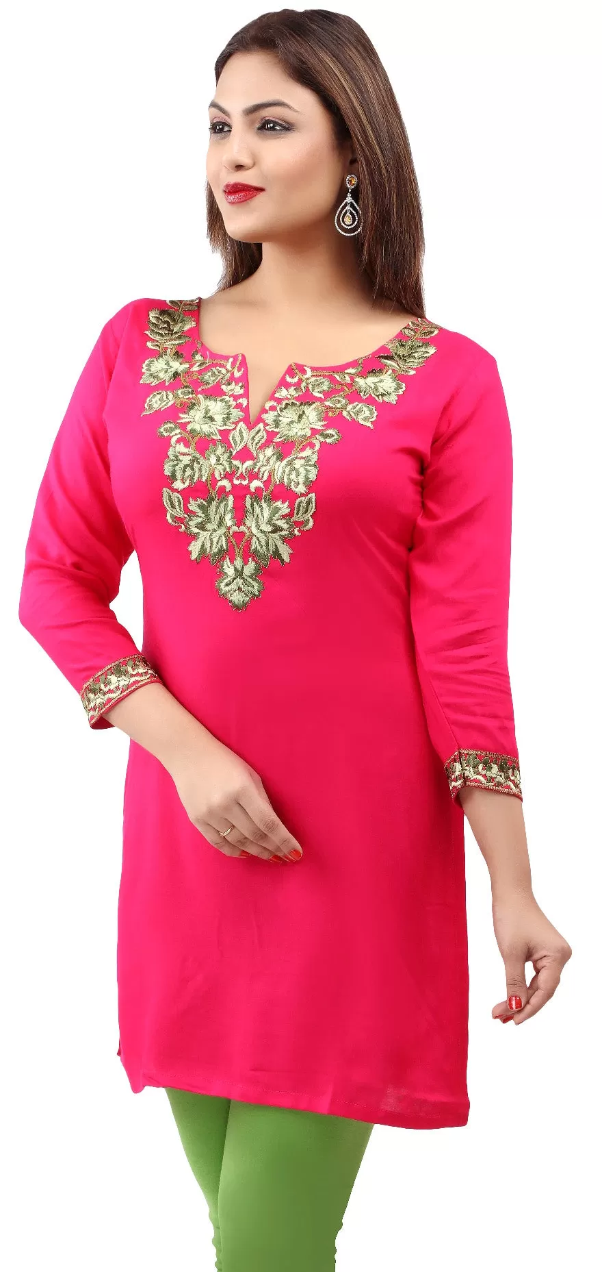 Maple Clothing Kurti Women's Blouse Embroidered Indian Clothing (Pink)