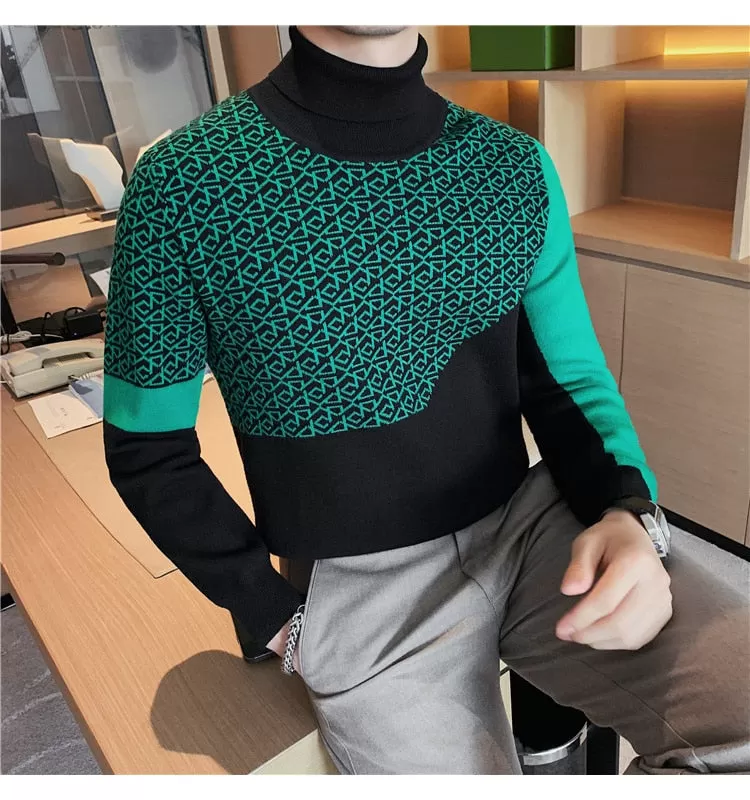 Men's Autumn Korean Fashion Printed Pattern Turtleneck Knitted Sweater