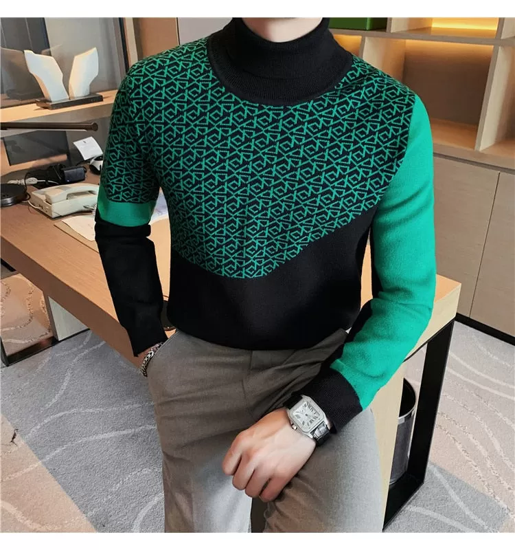 Men's Autumn Korean Fashion Printed Pattern Turtleneck Knitted Sweater