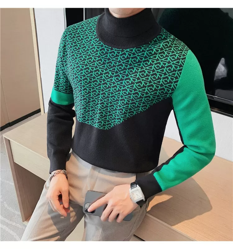 Men's Autumn Korean Fashion Printed Pattern Turtleneck Knitted Sweater