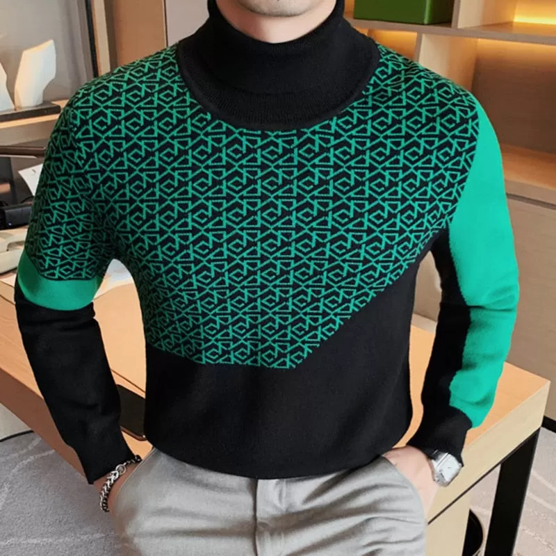 Men's Autumn Korean Fashion Printed Pattern Turtleneck Knitted Sweater