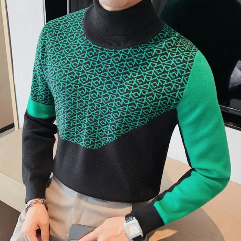 Men's Autumn Korean Fashion Printed Pattern Turtleneck Knitted Sweater