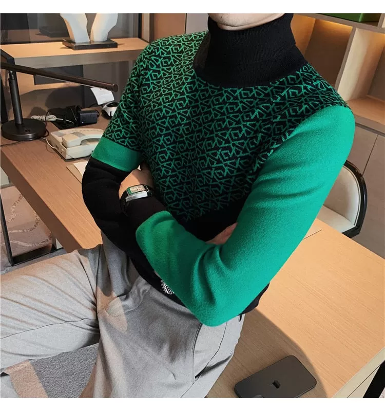 Men's Autumn Korean Fashion Printed Pattern Turtleneck Knitted Sweater