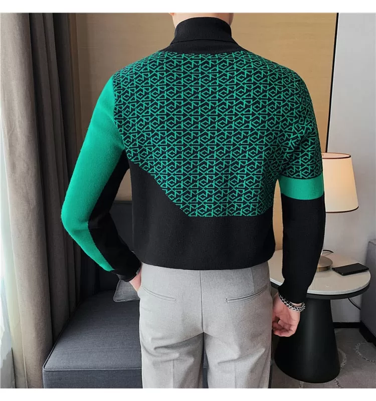 Men's Autumn Korean Fashion Printed Pattern Turtleneck Knitted Sweater