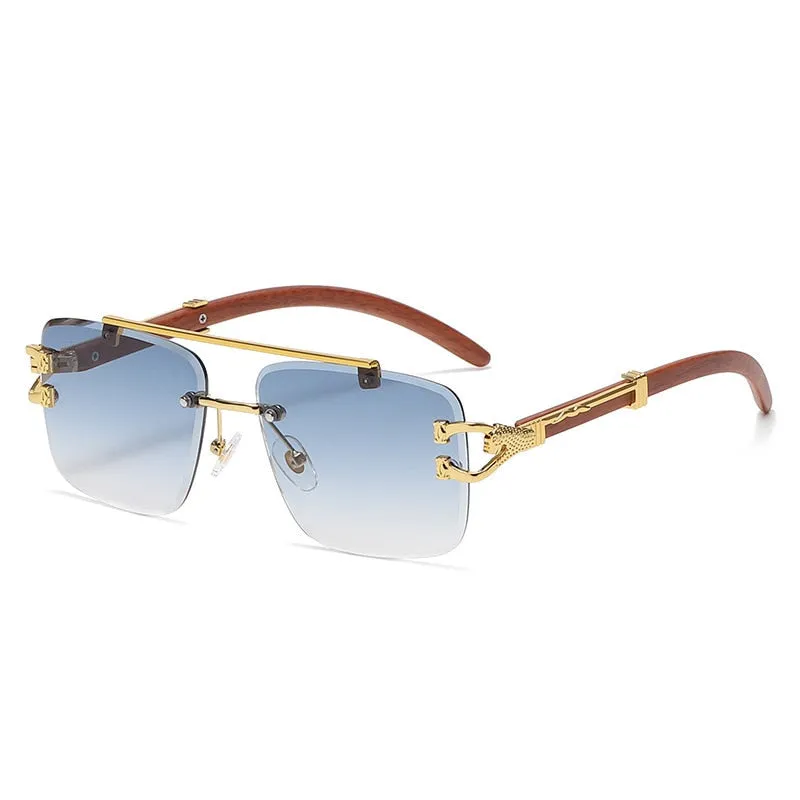 Men's Retro Rectangle Wood Printed Gold Lion Decoration Sunglasses