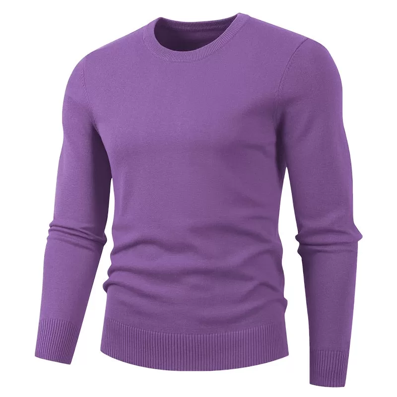 Men's Winter Purple Color Cotton O Neck Coarse Wool Knitted Pullover