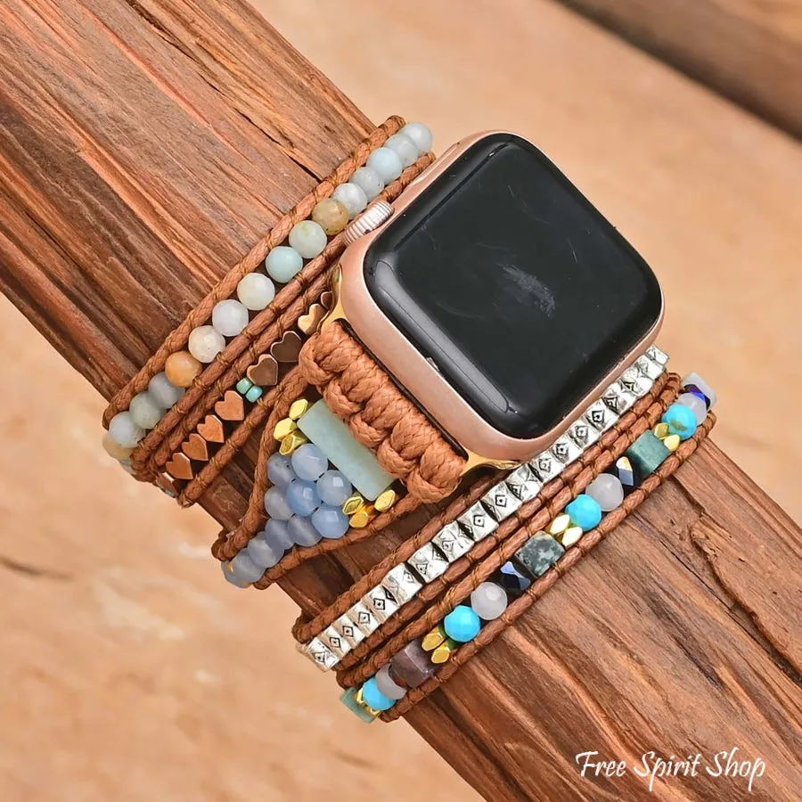 Natural Amazonite & Golden Heart Apple Watch Band