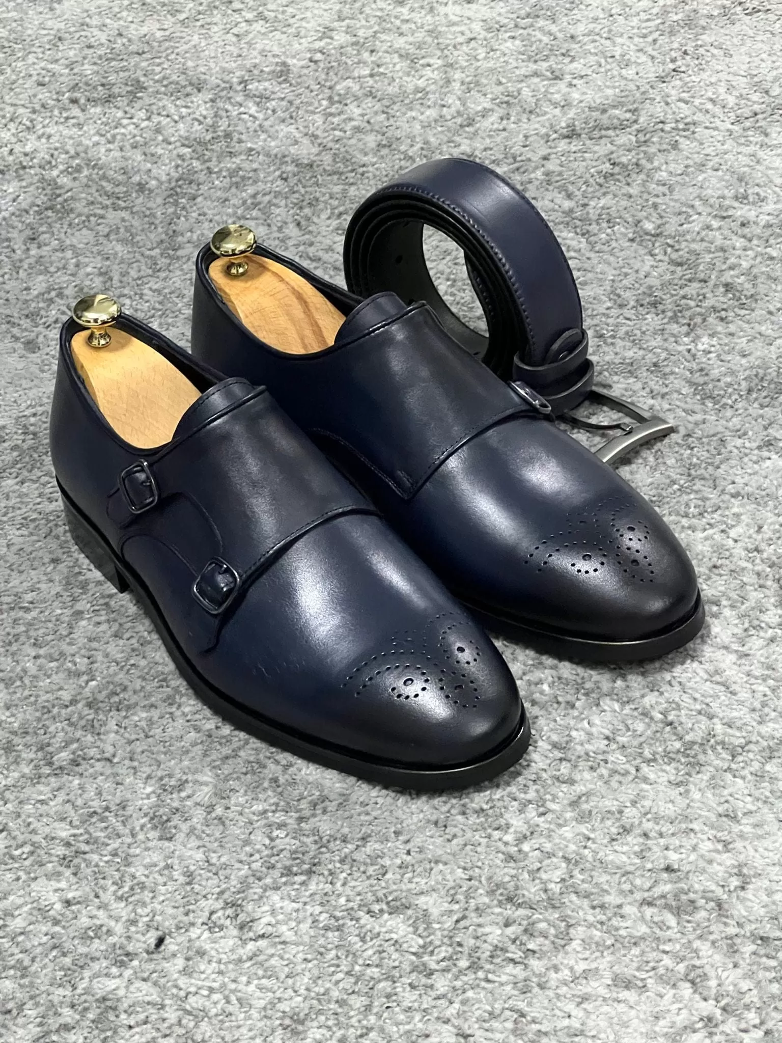 Neolite Sole Double Monk Strap Navy Blue Classic Shoes