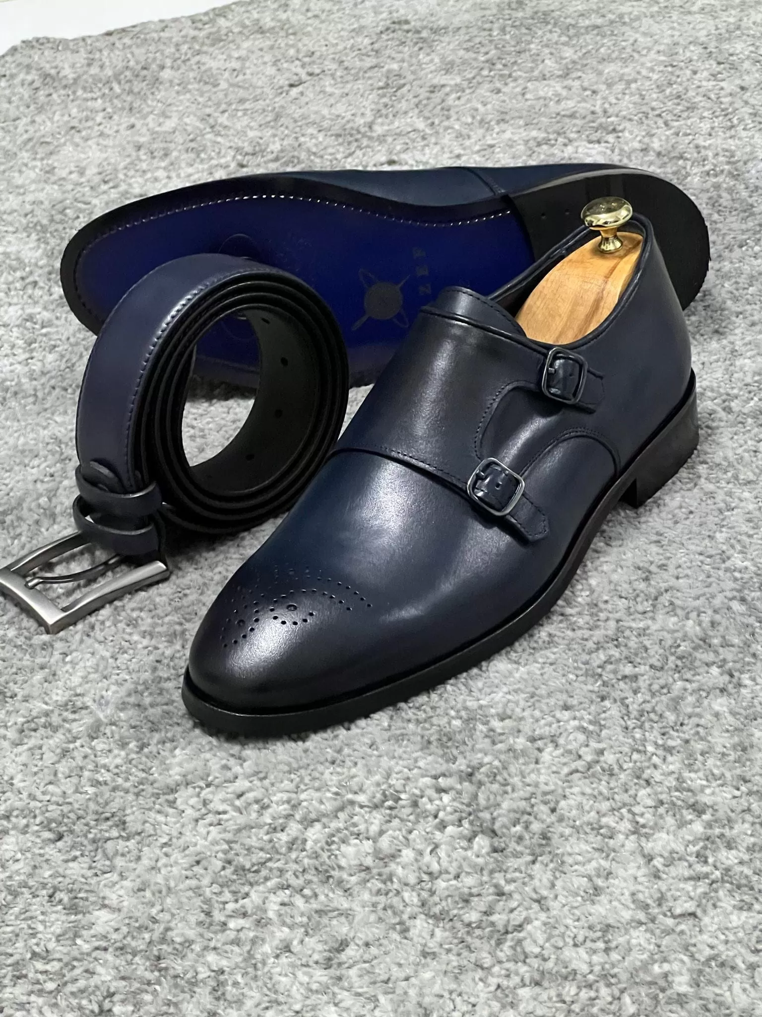 Neolite Sole Double Monk Strap Navy Blue Classic Shoes