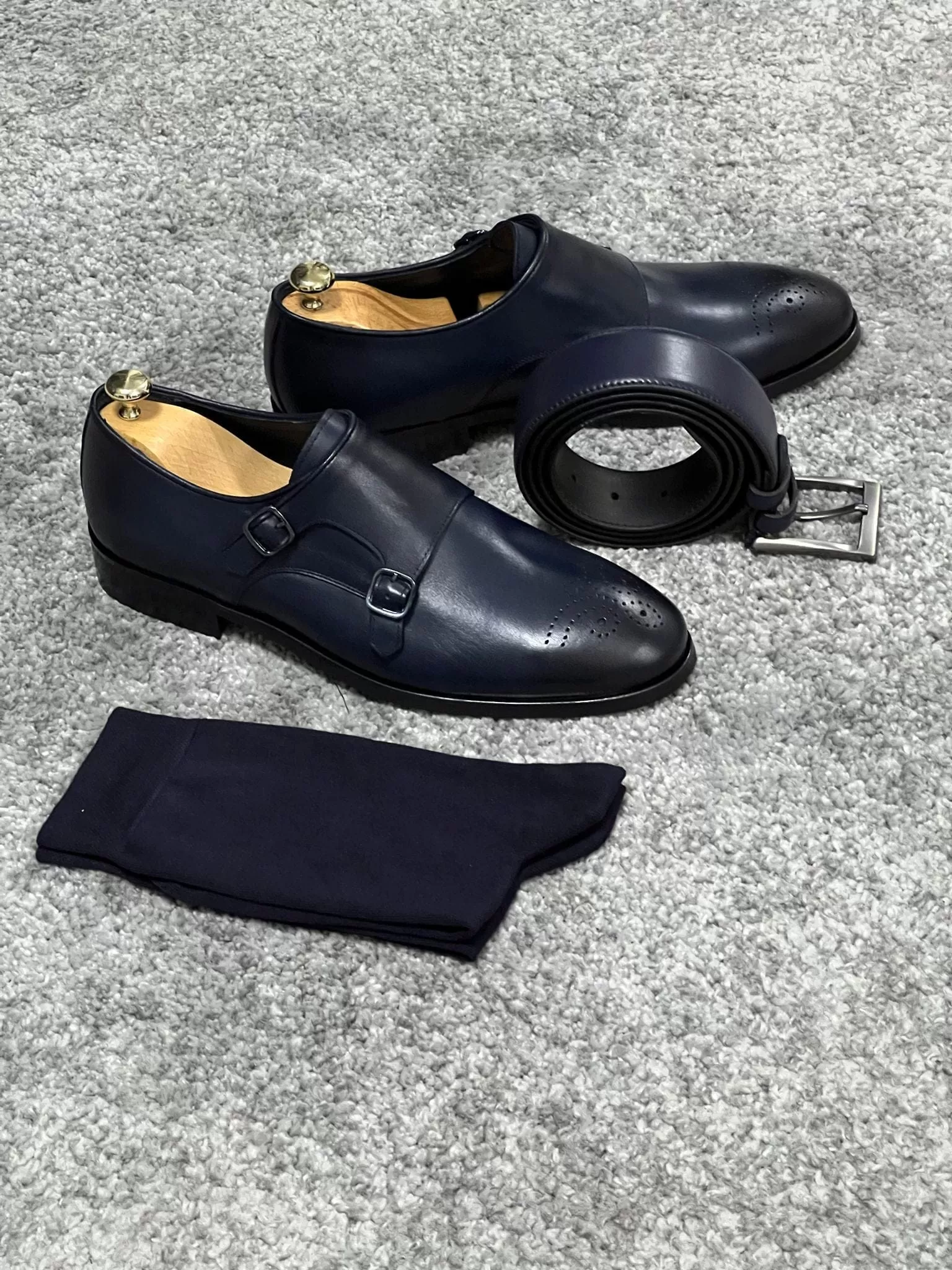 Neolite Sole Double Monk Strap Navy Blue Classic Shoes