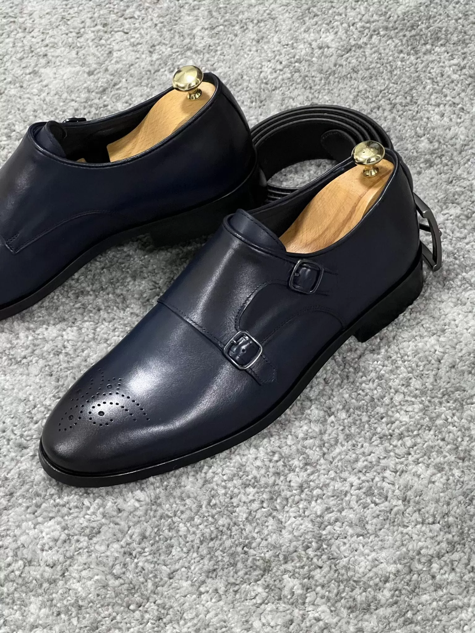 Neolite Sole Double Monk Strap Navy Blue Classic Shoes