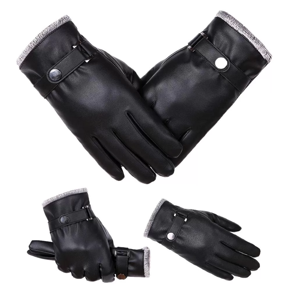 New Retro Thickened PU Leather Winter Warm Gloves