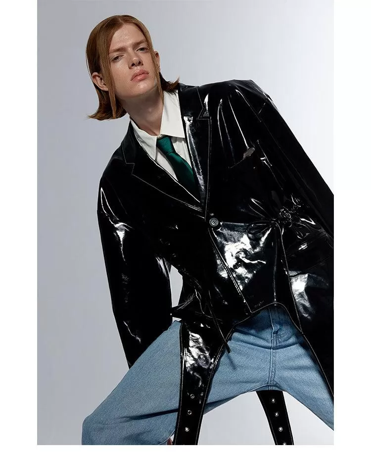 Oversized Black Soft Reflective Shiny Patent Faux Leather Jacket