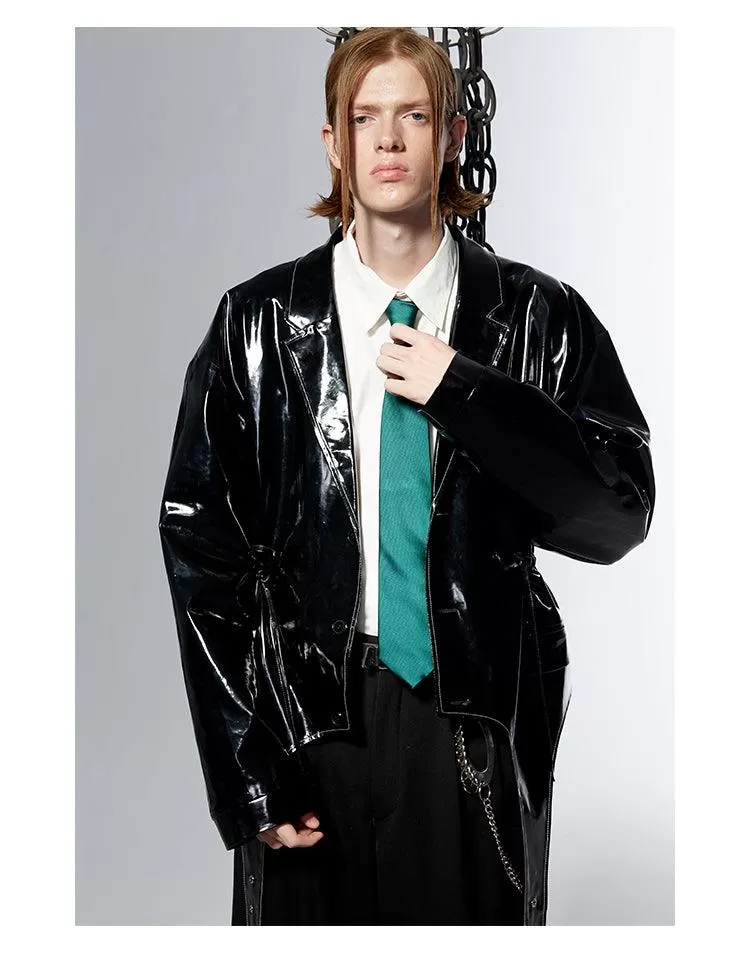 Oversized Black Soft Reflective Shiny Patent Faux Leather Jacket