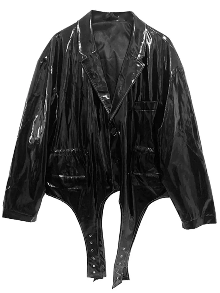 Oversized Black Soft Reflective Shiny Patent Faux Leather Jacket