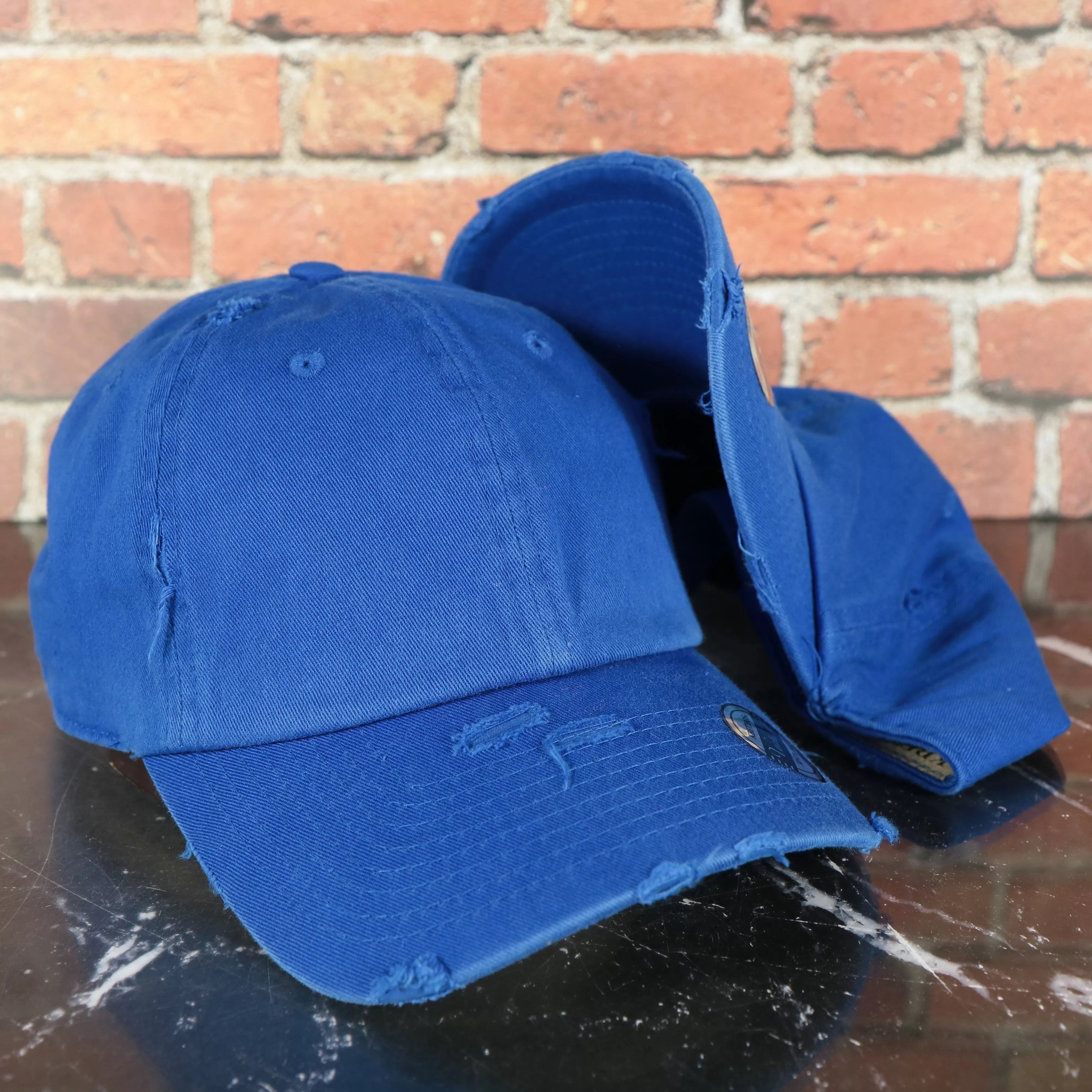 Sapphire Blue Bent Brim Blank Distressed Baseball Hat | Royal Blue Dad Hat