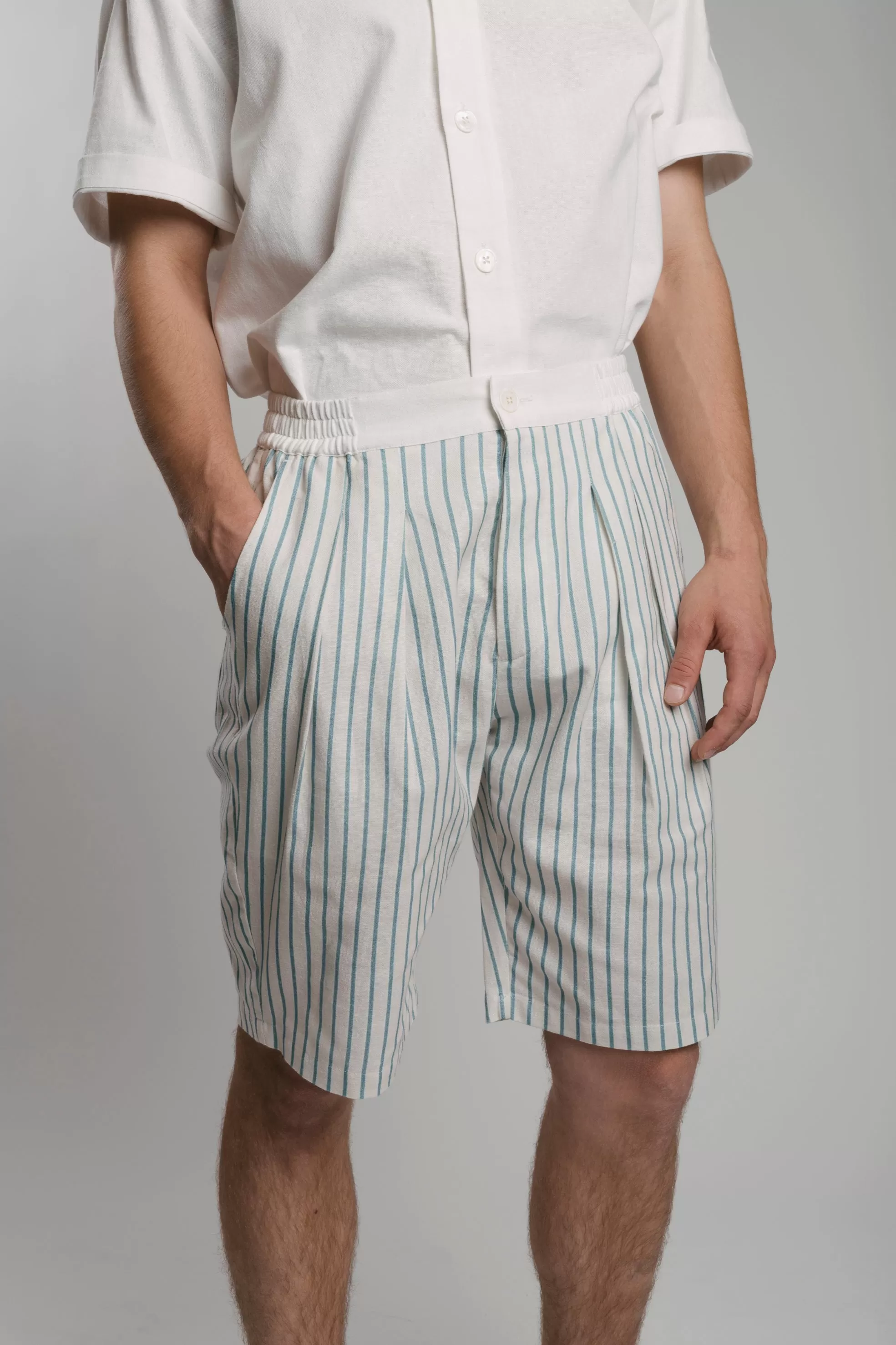 SHORTS AQUA-Offwhite-white 100% COTTON Canvas-crêpe Thin-Stripes digital-print