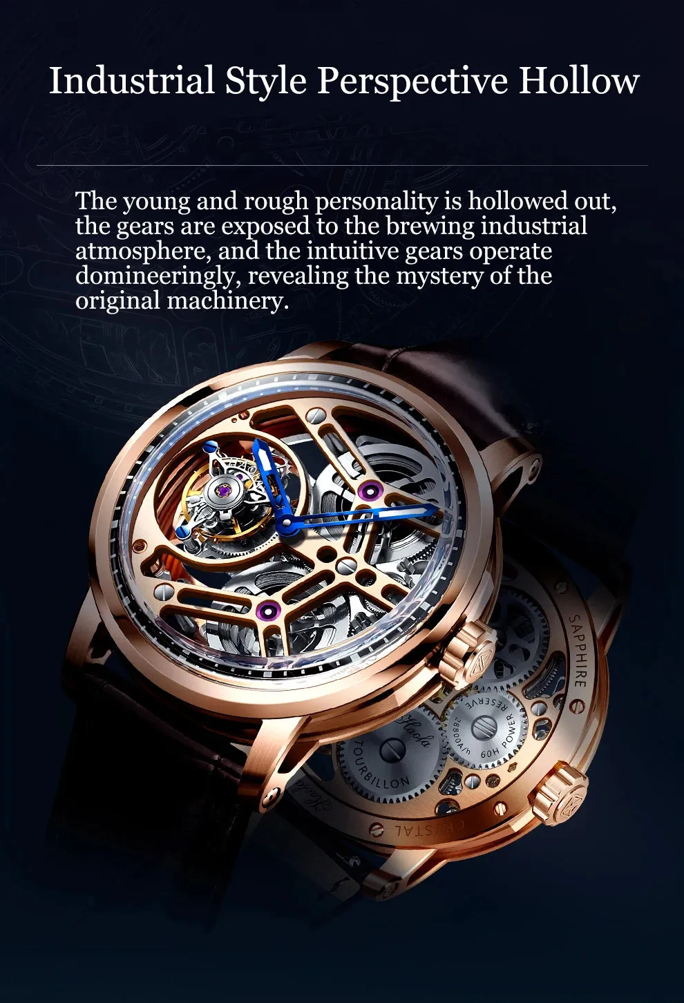 Skeleton Manual Flying Tourbillon Movement Hollow Business Watch for Men