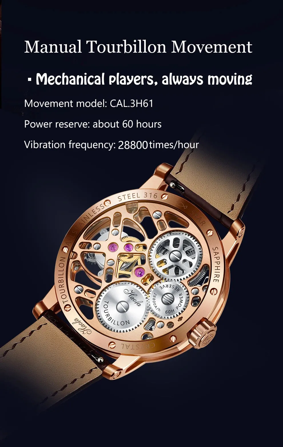 Skeleton Manual Flying Tourbillon Movement Hollow Business Watch for Men