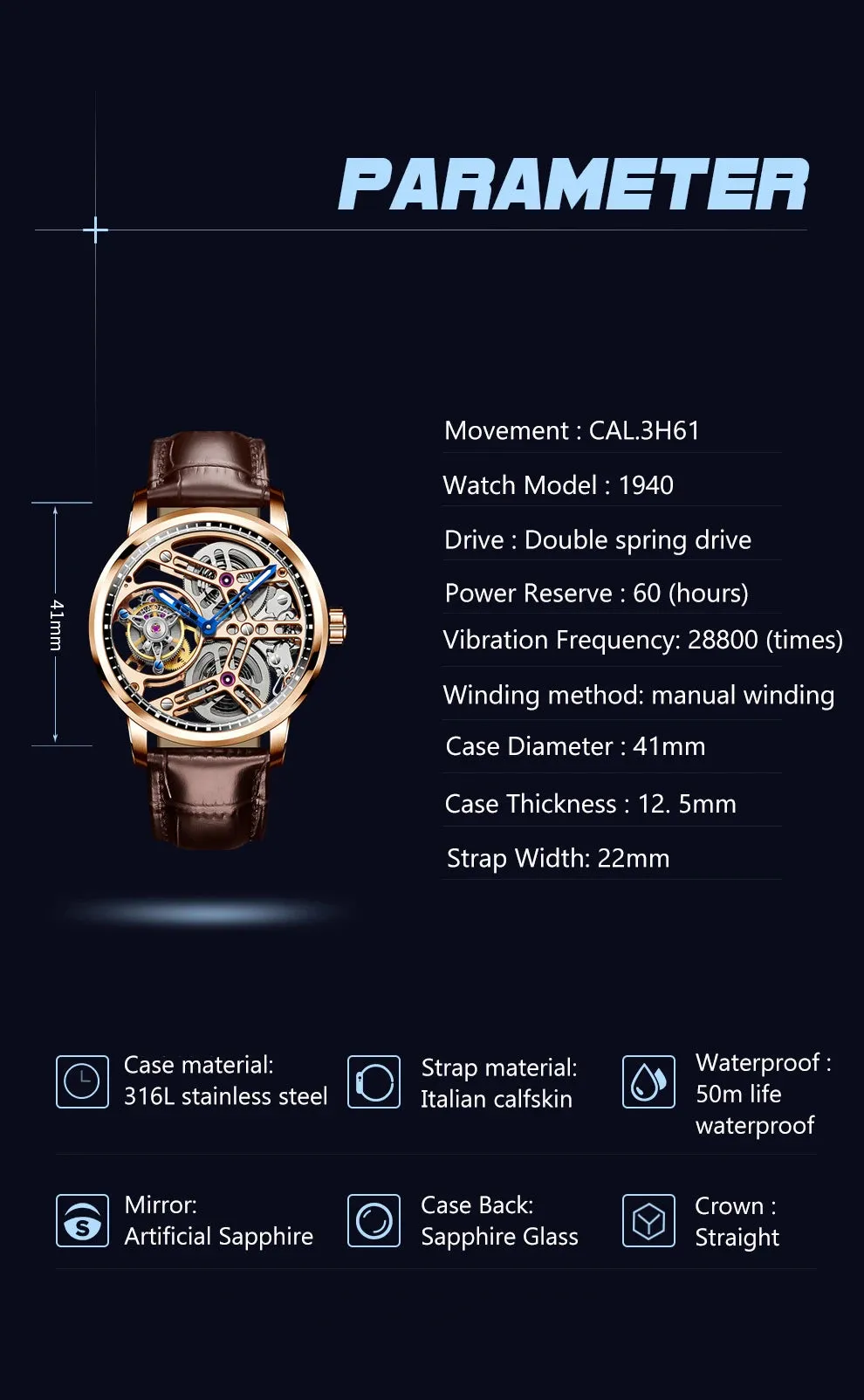 Skeleton Manual Flying Tourbillon Movement Hollow Business Watch for Men