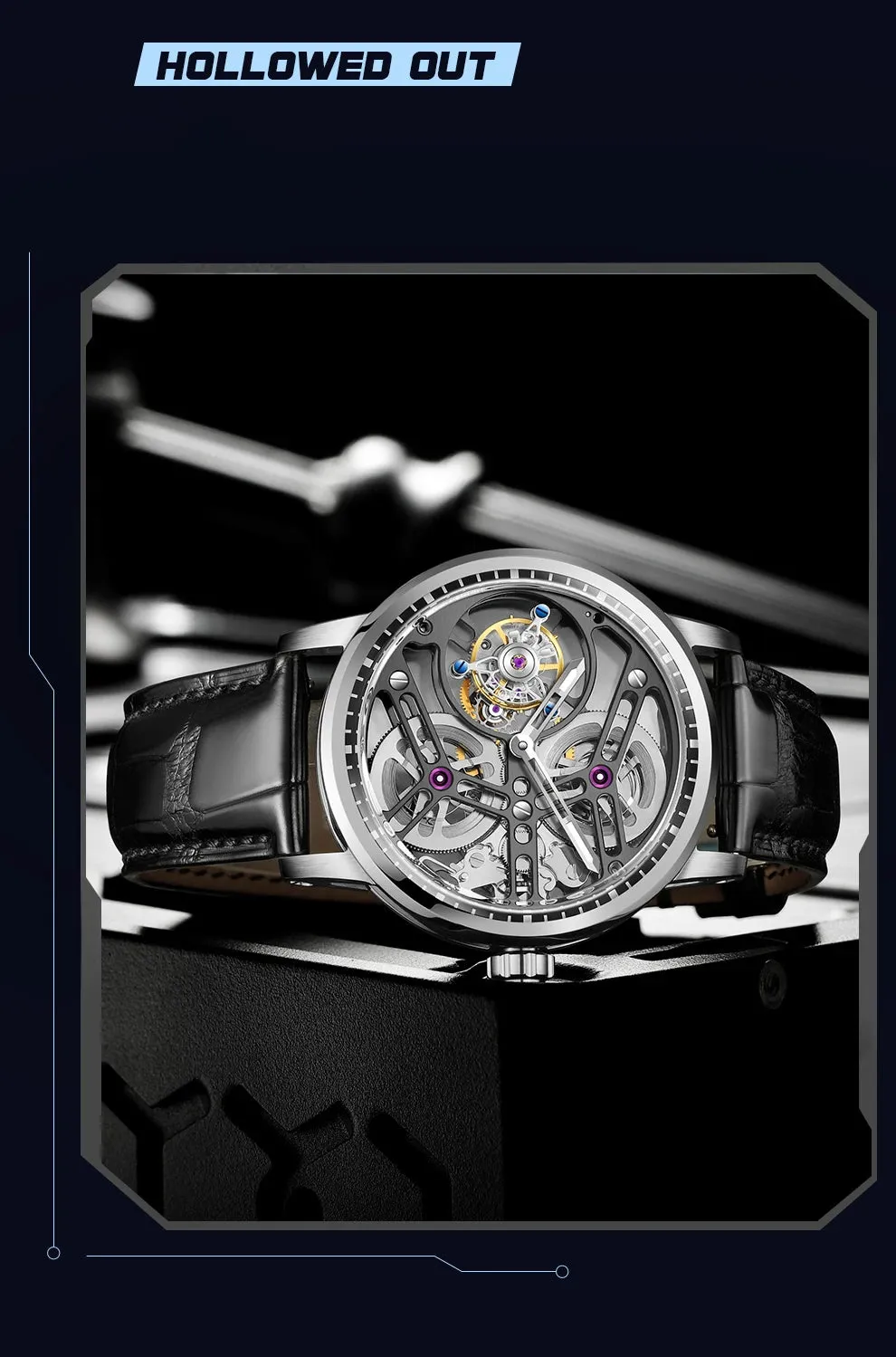 Skeleton Manual Flying Tourbillon Movement Hollow Business Watch for Men