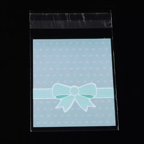 Storage Bags, Self-Adhesive, OPP Cellophane Bags, Rectangle, Bowknot Pattern, Sky Blue, 12.5cm