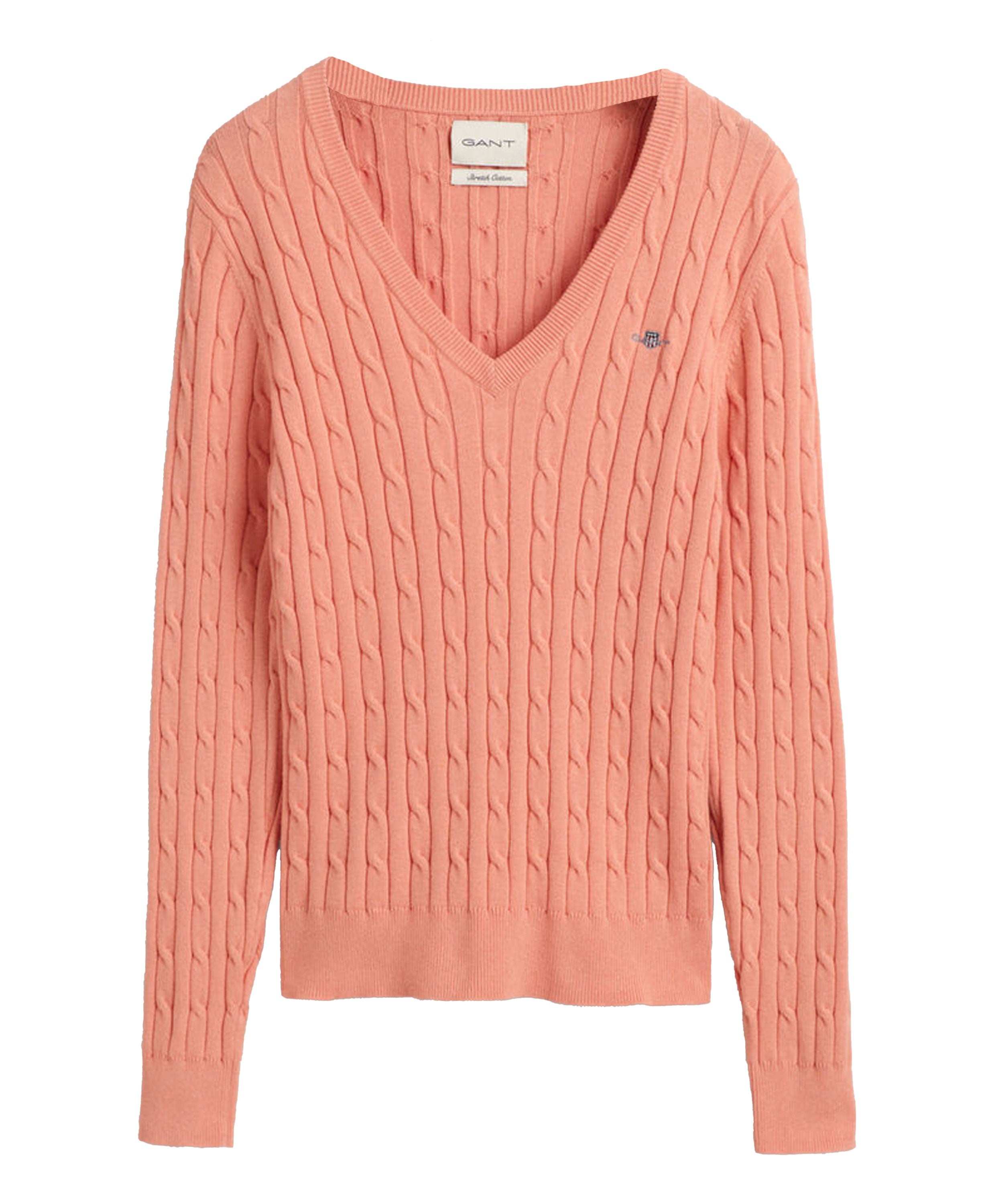 Stretch Cotton Cable V-Neck Sweater                             Peachy Pink