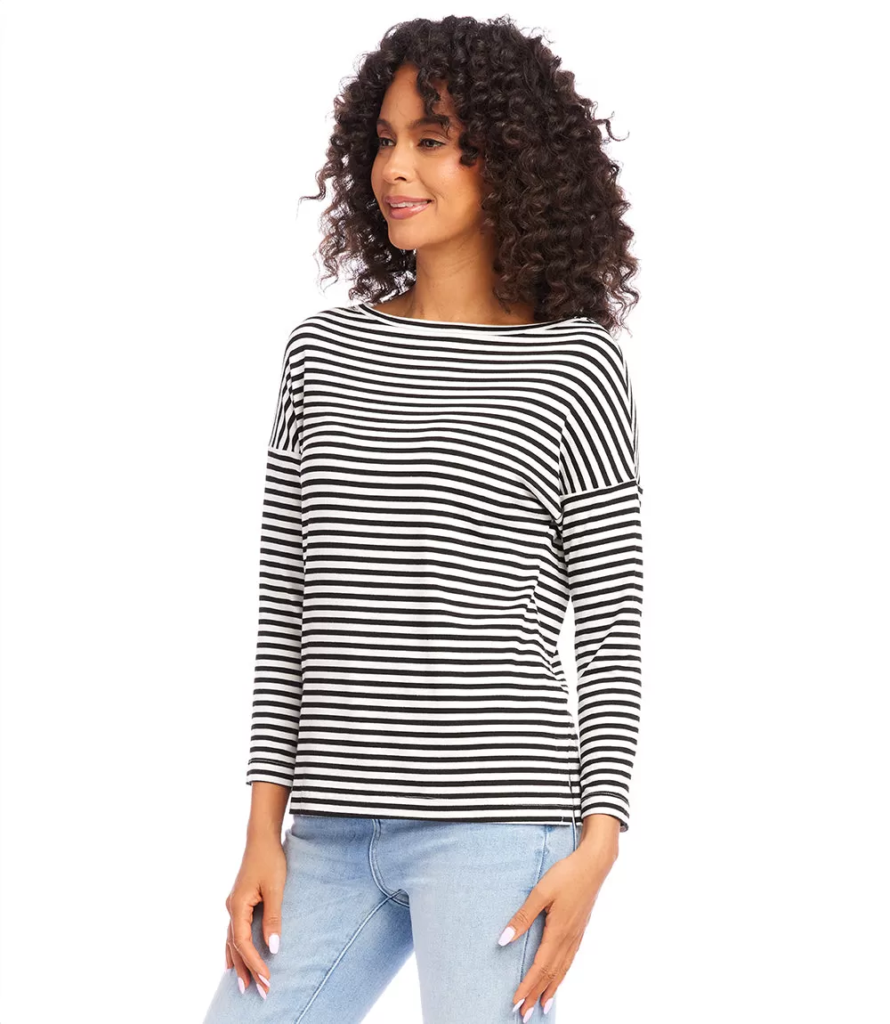 Stripe Three Quarter Sleeve Boatneck Top