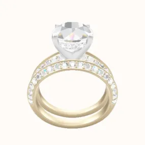 Tapered Knife Edge Double Row Pave Engagement Ring With V Prong with Hidden Halo Head and Matching Band