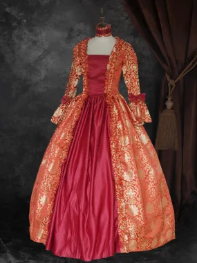 Ture Red  Retro Tudor Dress Costumes  Lace Up Satin Fabric Floral Print Dress Girl's Gothic Marie Antoinette Costume Set Vintage