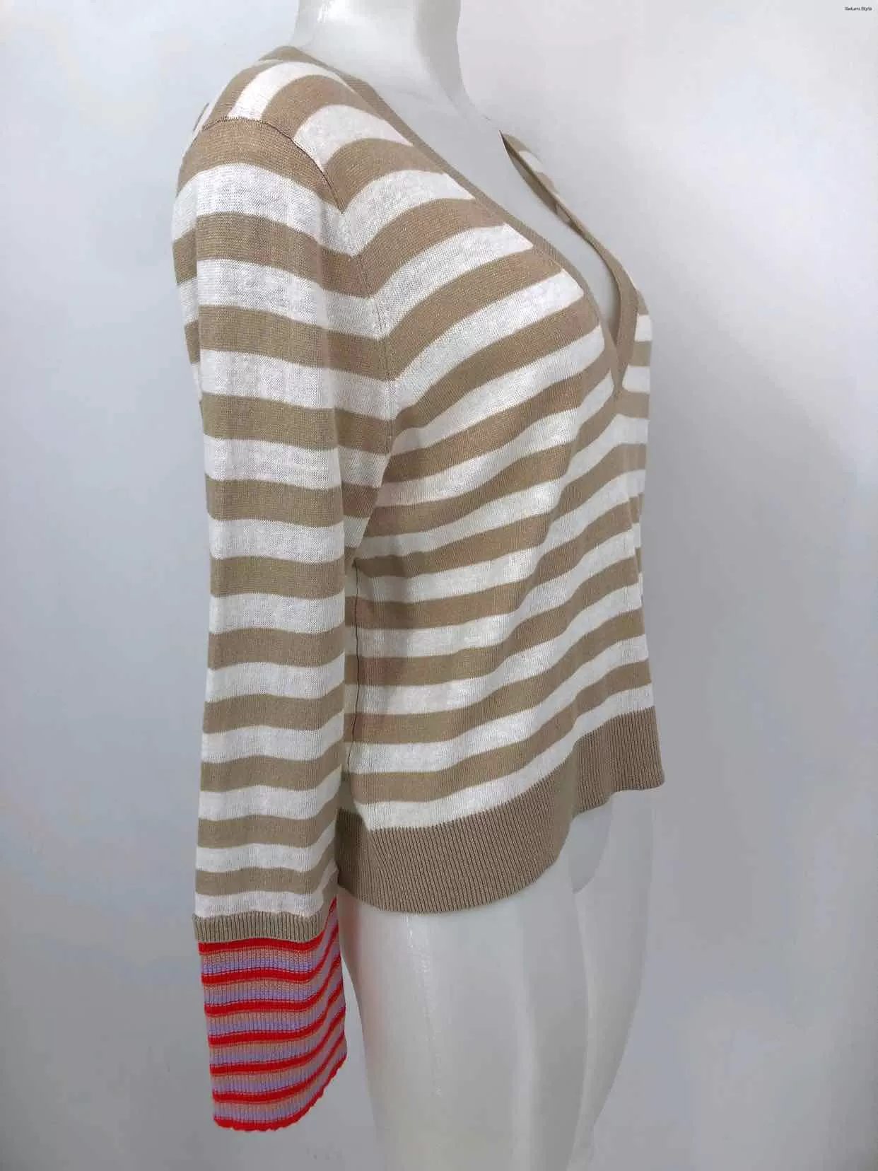 VERONICA BEARD Beige White Linen & Cotton Striped Longsleeve Sweater